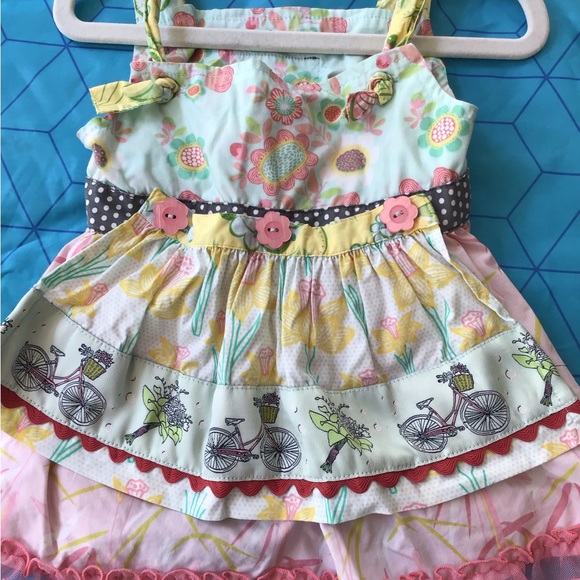 Matilda Jane Knot top - dress Apron Bicycle Spring Flowers Pink ruffle tunic - Picture 3 of 6